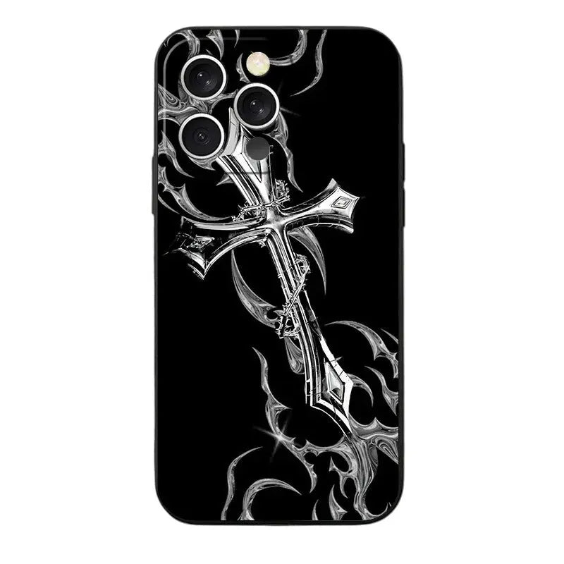 Gothic Cyber Sigil Cross Soft Phone Case for iPhone 11 13 14 15 16 Pro Max 17 Air 16E 12 Mini 7 Black Back Cover Vimpi