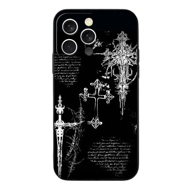 Gothic Cyber Sigil Cross Soft Phone Case for iPhone 11 13 14 15 16 Pro Max 17 Air 16E 12 Mini 7 Black Back Cover Vimpi