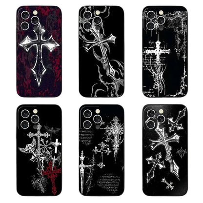 Gothic Cyber Sigil Cross Soft Phone Case for iPhone 11 13 14 15 16 Pro Max 17 Air 16E 12 Mini 7 Black Back Cover Vimpi