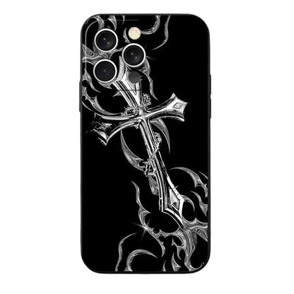 Gothic Cyber Sigil Cross Soft Phone Case for iPhone 11 13 14 15 16 Pro Max 17 Air 16E 12 Mini 7 Black Back Cover Vimpi