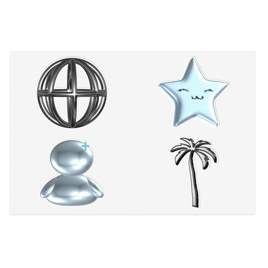 Chrome Charm Sticker Sheet — Kawaii Star, Palm Tree & Metallic Icons.