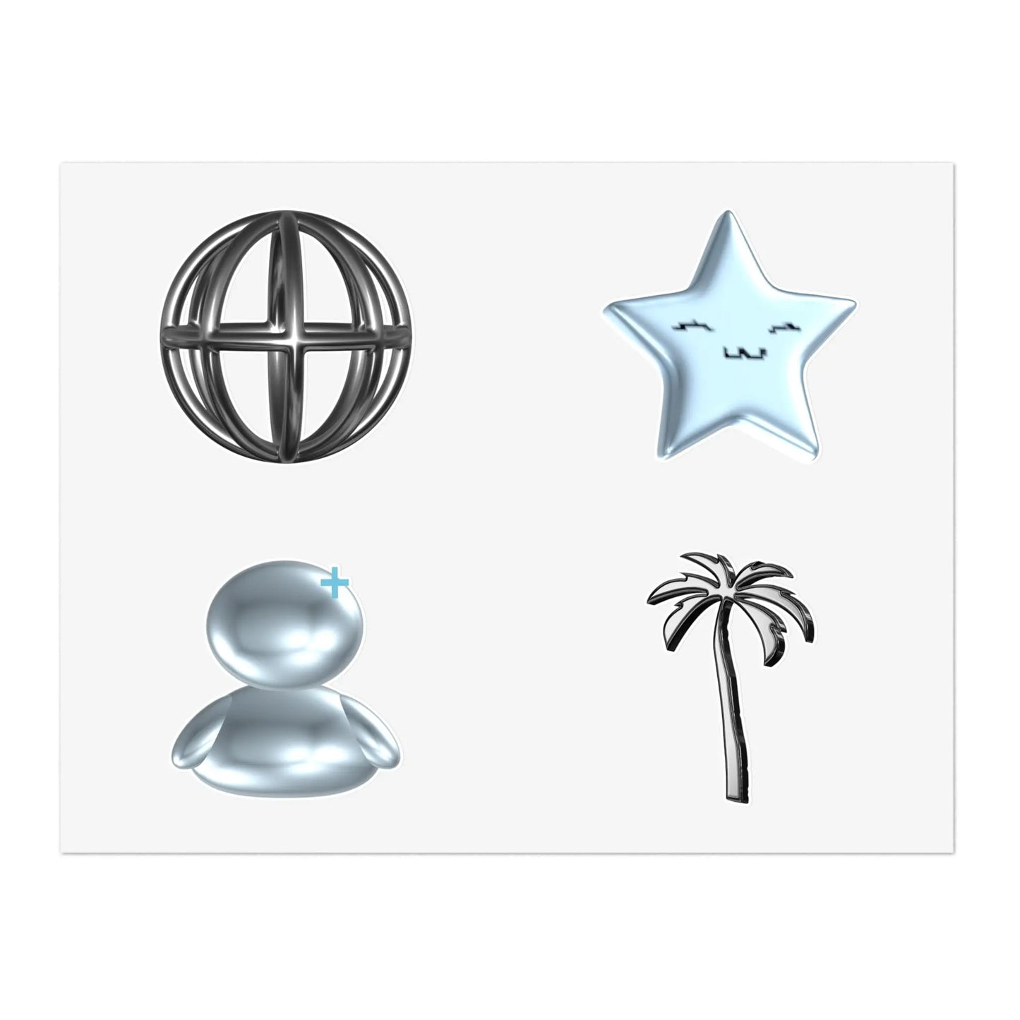 Chrome Charm Sticker Sheet — Kawaii Star, Palm Tree & Metallic Icons.