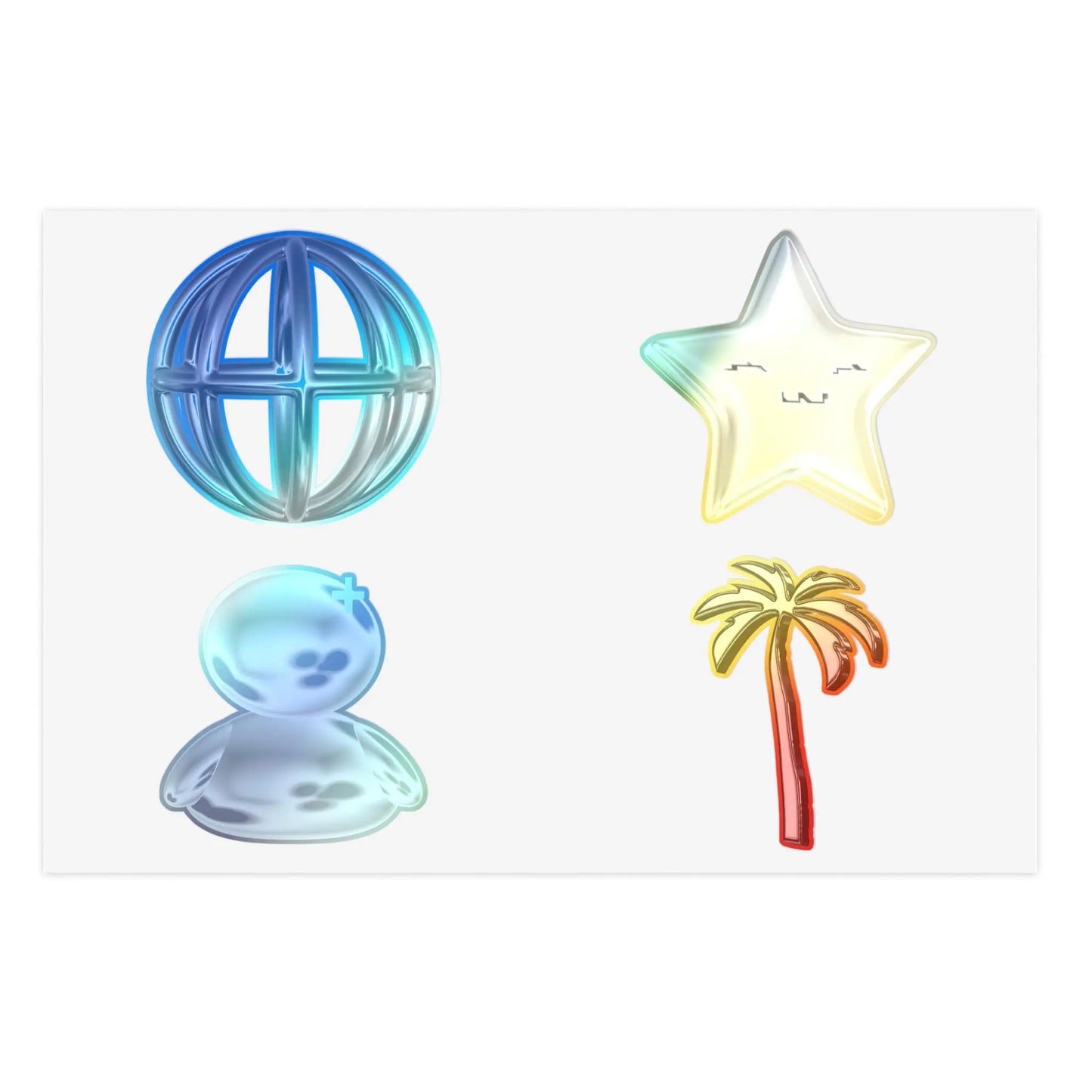 Chrome Charm Sticker Sheet — Kawaii Star, Palm Tree & Metallic Icons.