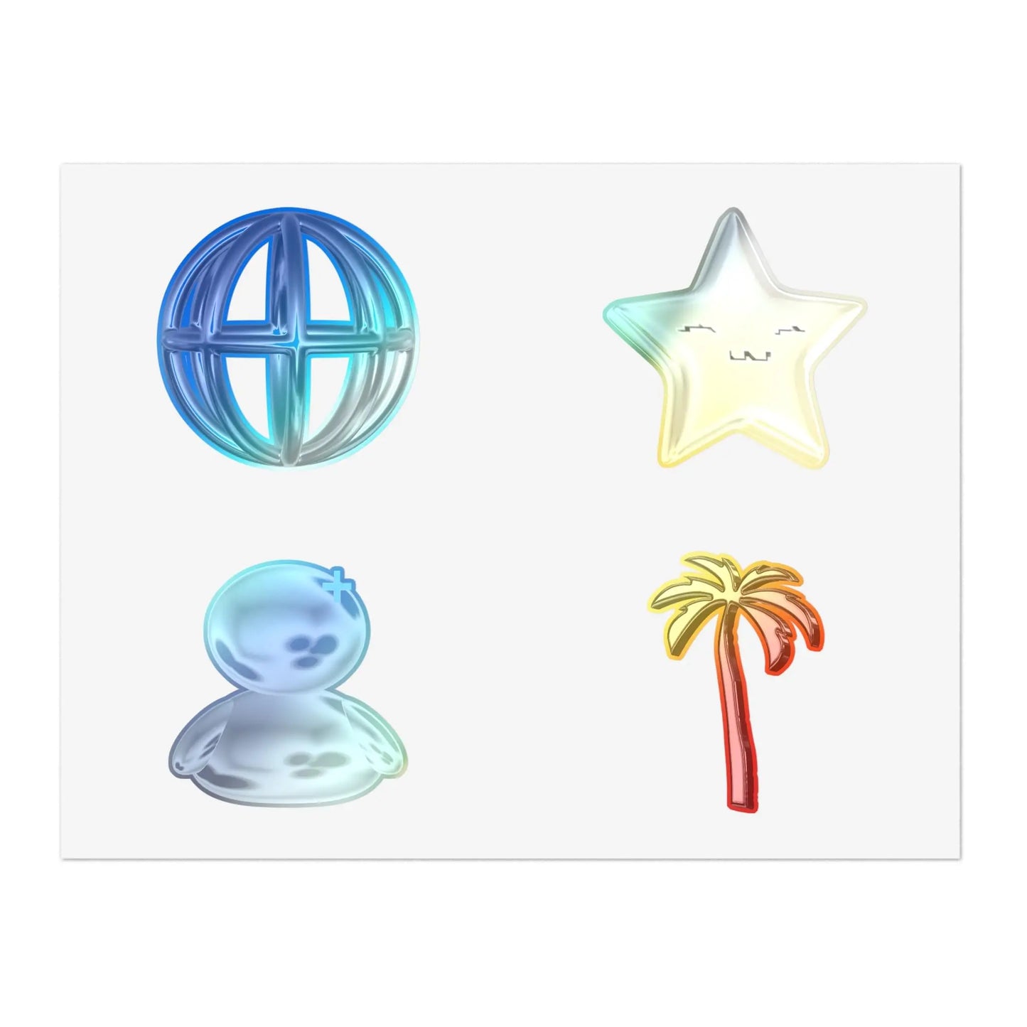 Chrome Charm Sticker Sheet — Kawaii Star, Palm Tree & Metallic Icons.