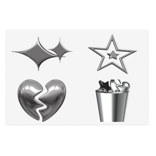 Chrome Emoji Sticker Sheet — Metallic Stars, Heart & Trash Can Sticker Pack