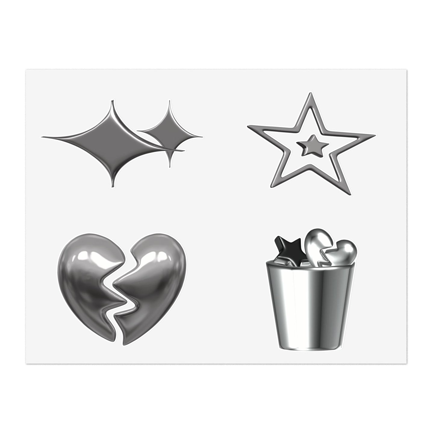Chrome Emoji Sticker Sheet — Metallic Stars, Heart & Trash Can Sticker Pack.