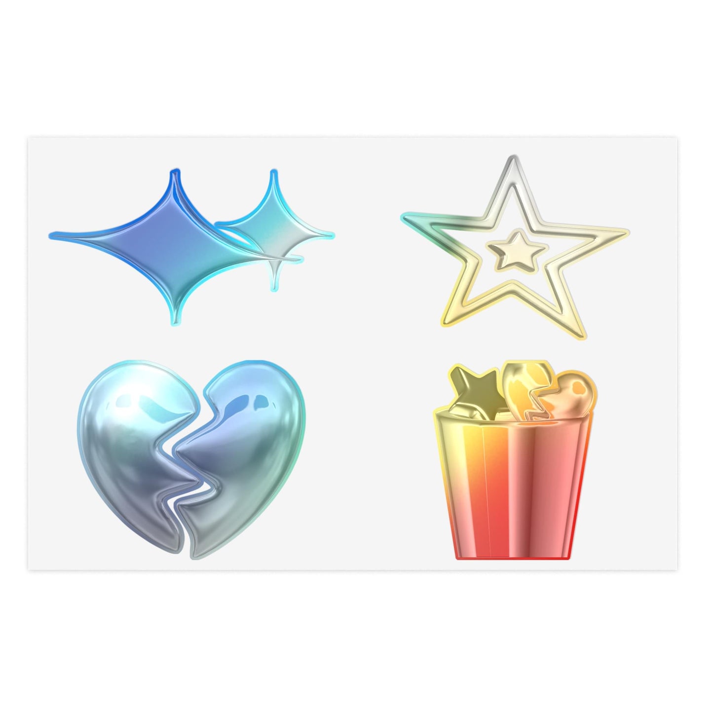 Chrome Emoji Sticker Sheet — Metallic Stars, Heart & Trash Can Sticker Pack.