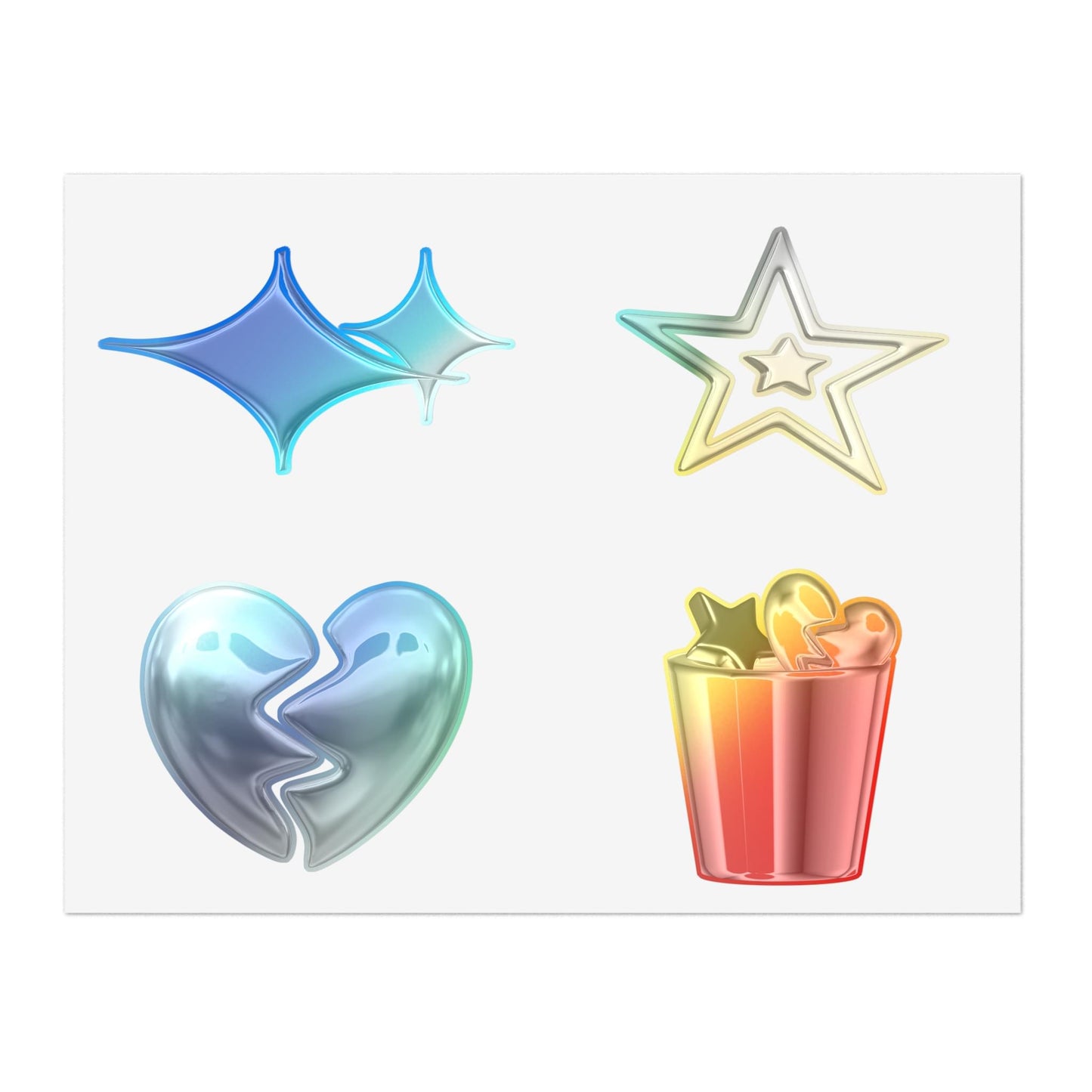 Chrome Emoji Sticker Sheet — Metallic Stars, Heart & Trash Can Sticker Pack.