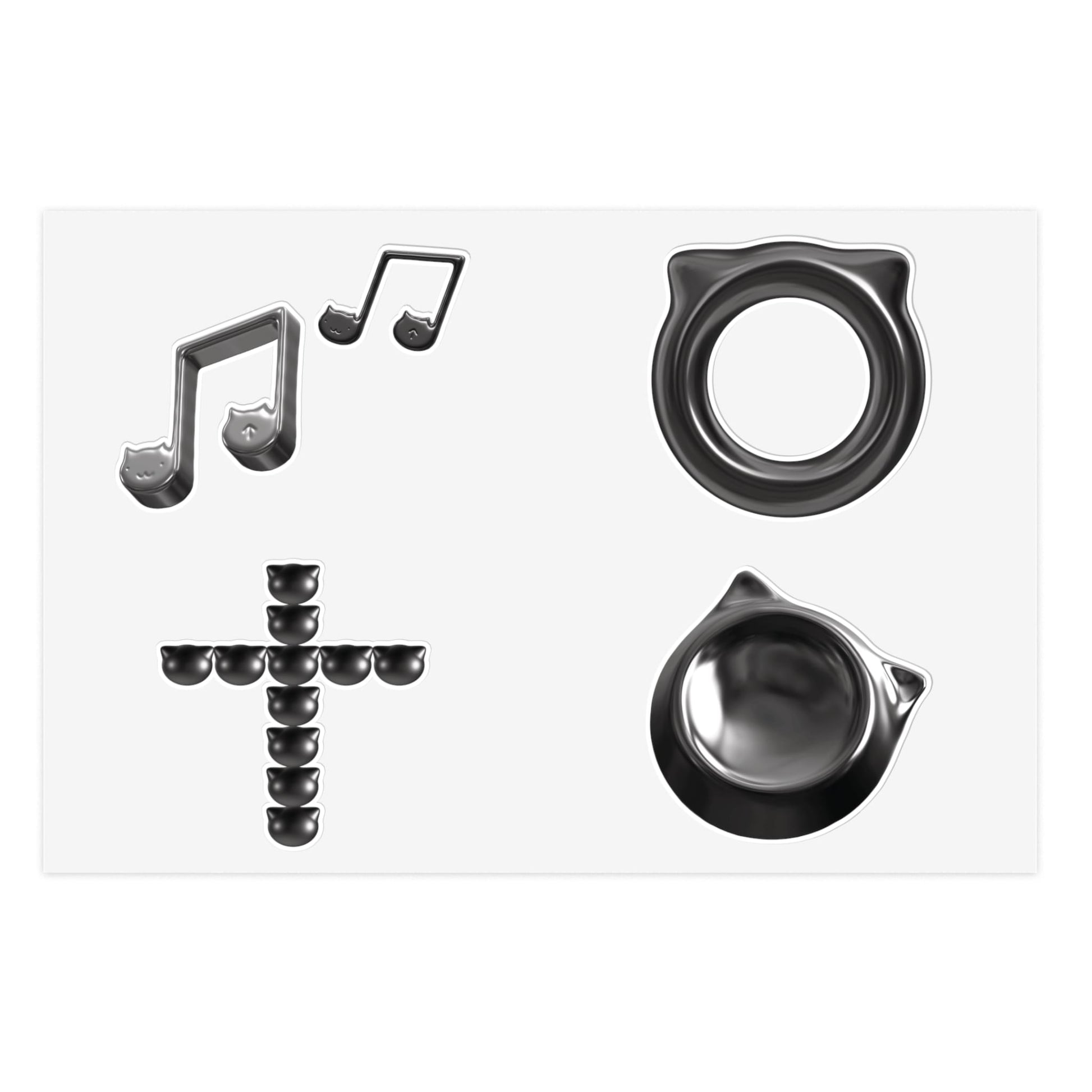 Glossy Black Icon Sticker Sheet — Music Notes, Cross & Cat Badge Decals.