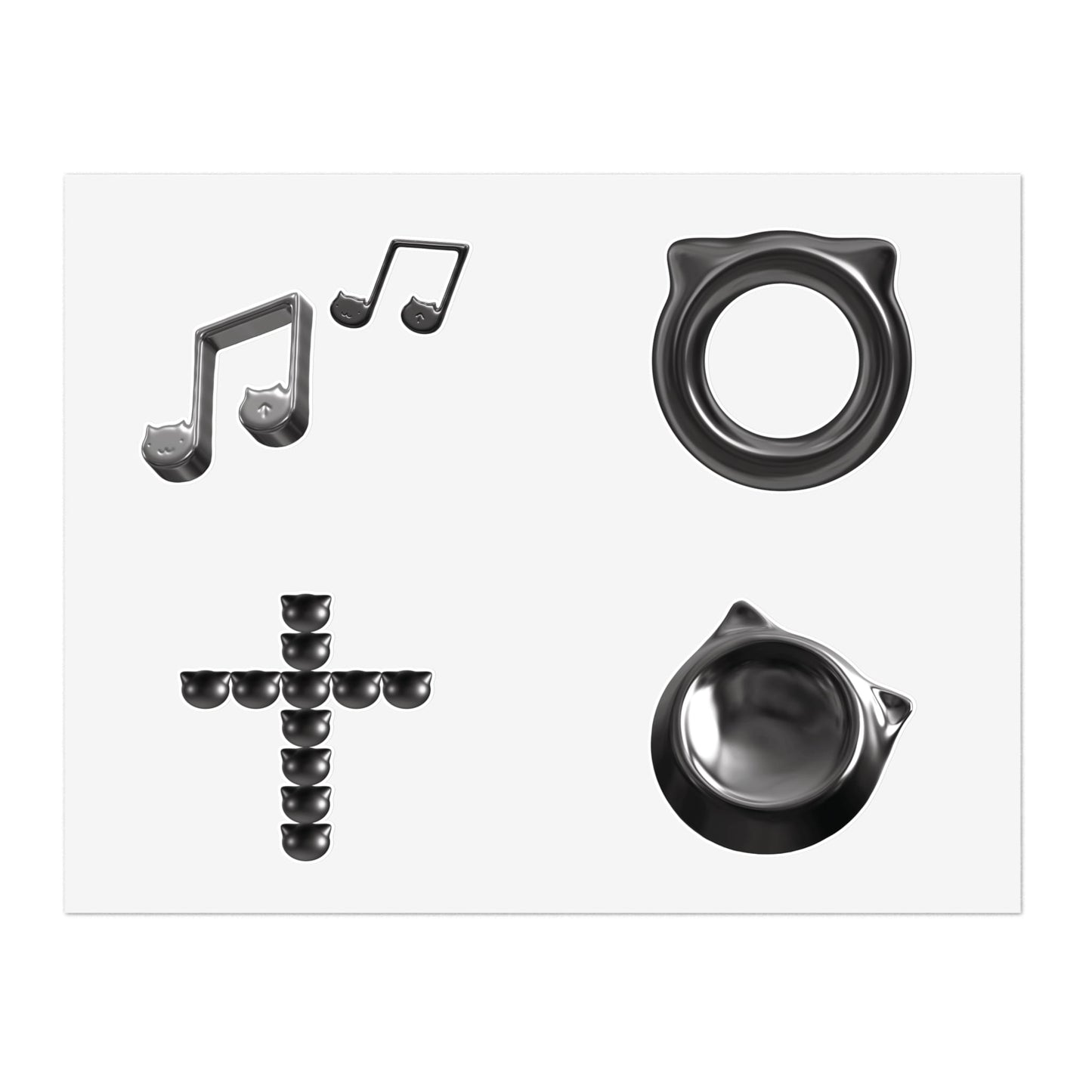 Glossy Black Icon Sticker Sheet — Music Notes, Cross & Cat Badge Decals.